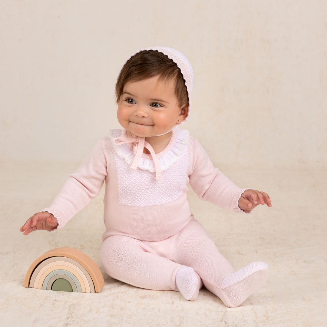 Girls Jacquard Ruffled Knit Romper Footie & Bonnet