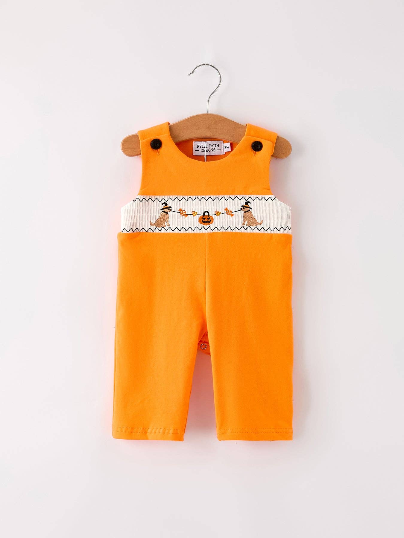 Fall Halloween Orange Embroidered Smocked Baby Boys Romper