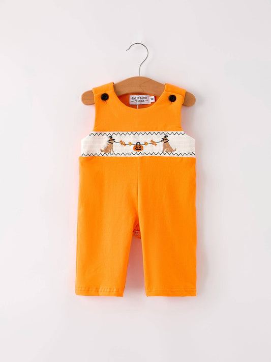 Fall Halloween Orange Embroidered Smocked Baby Boys Romper