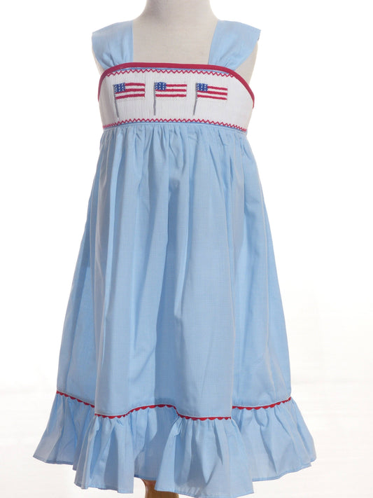 Blue Gingham American Flags Smocked Sleeveless Dress