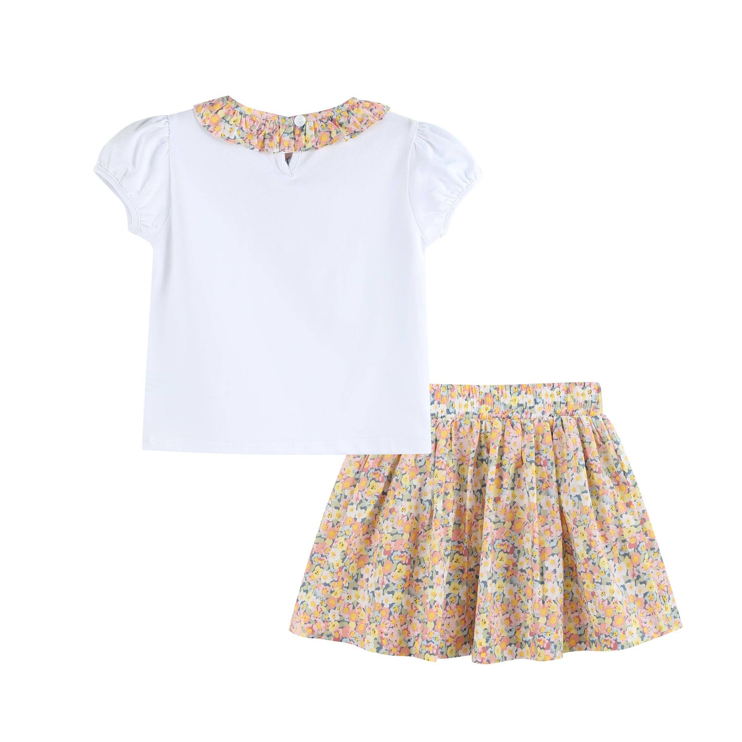 Peach Floral Print Skort and Collared Ruffle Shirt 2pc Set