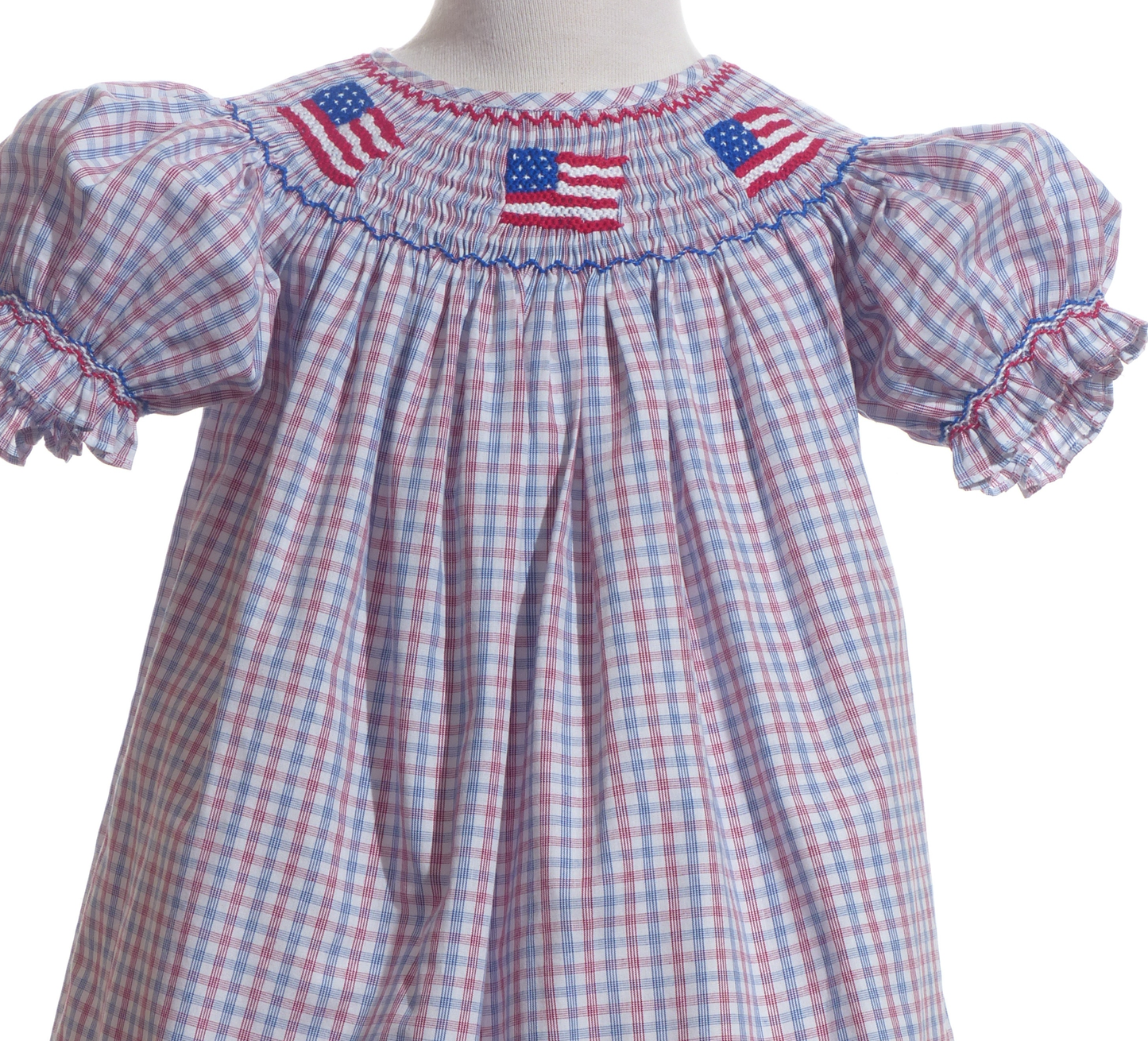 Red, White, Blue Gingham American Flags Smocked Dress