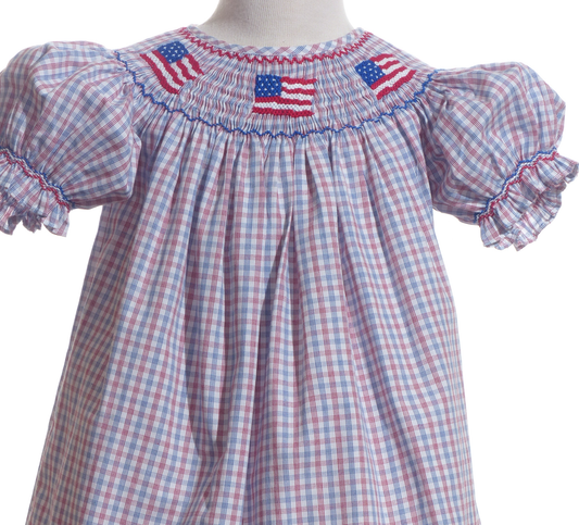 Red, White, Blue Gingham American Flags Smocked Dress