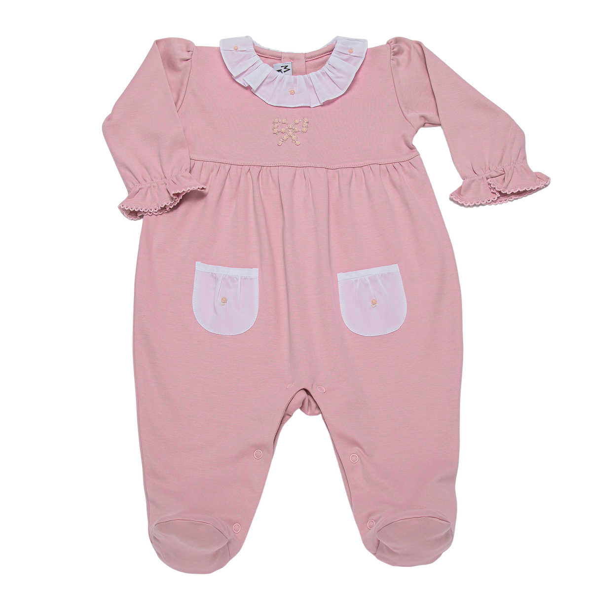 Pink Floral Bow Ruffle Collar Pima Footie