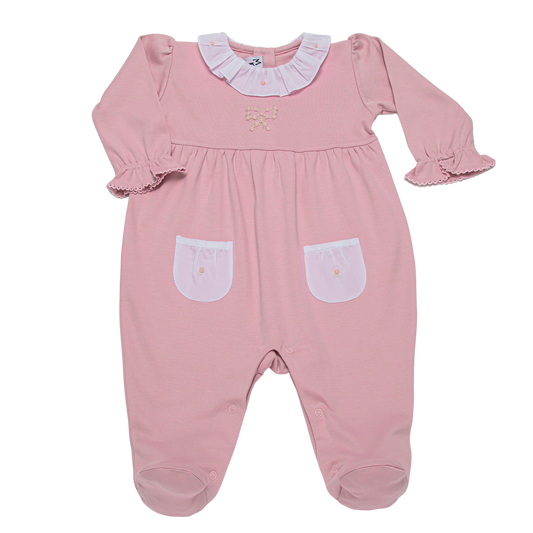Pink Floral Bow Ruffle Collar Pima Footie