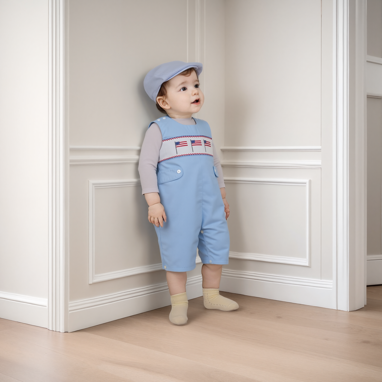Blue Gingham American Flags Smocked Boy Overall