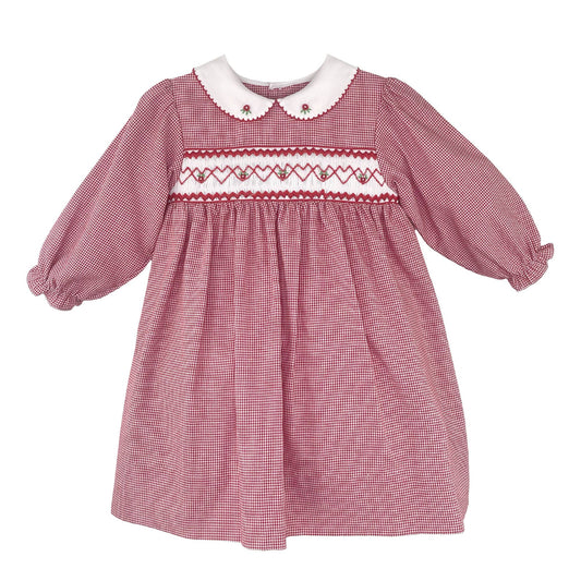 Red Check Long Sleeve Smocked Dress