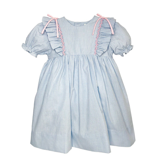 Blue Gingham Dress with Hand Smocking