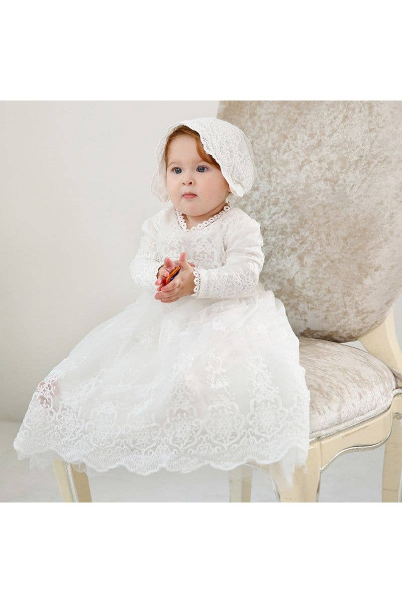 Long Sleeve Lace Embroidery Scalloped Trim Christening Gown