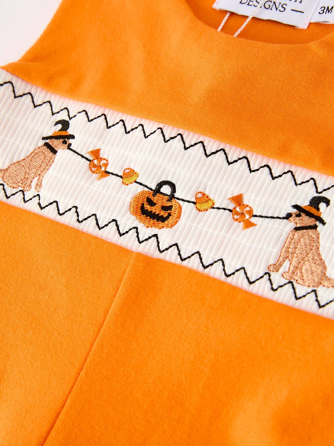 Fall Halloween Orange Embroidered Smocked Baby Boys Romper
