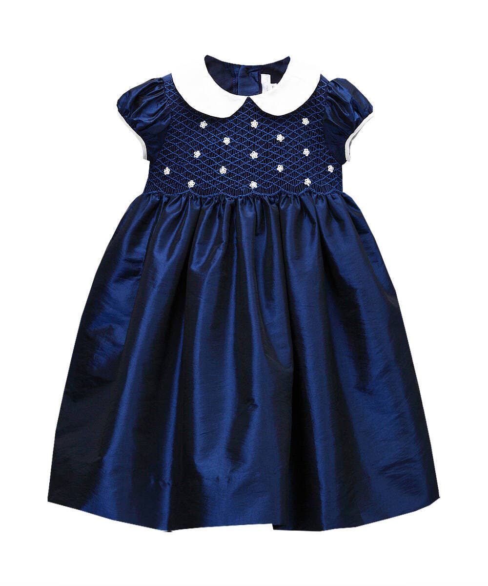 Navy Smocked Taffeta Dress