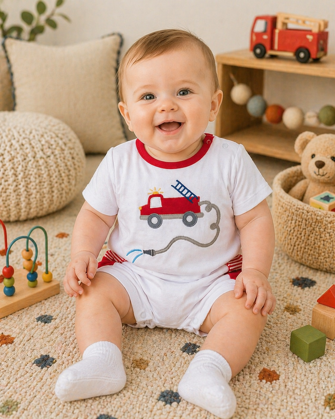 Fire Truck Applique Knit Romper
