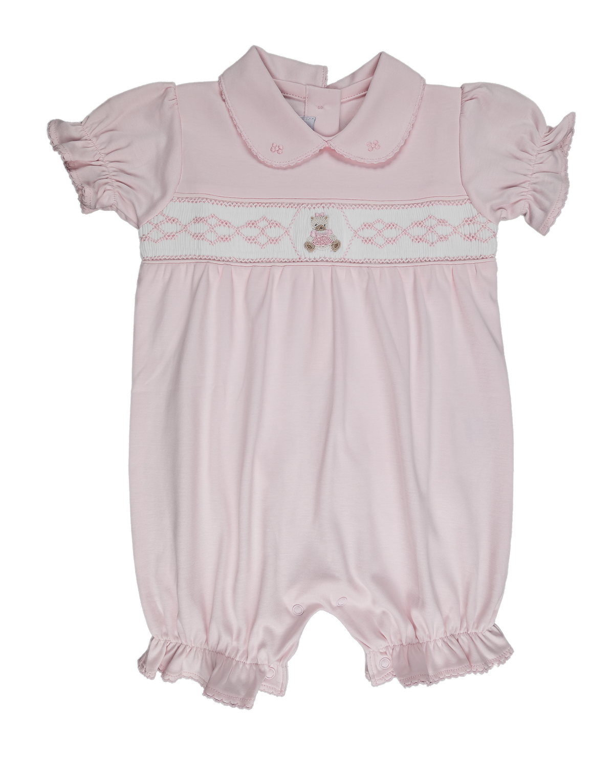 Pink Bear Smocked & Embroidered Pima Cotton Romper