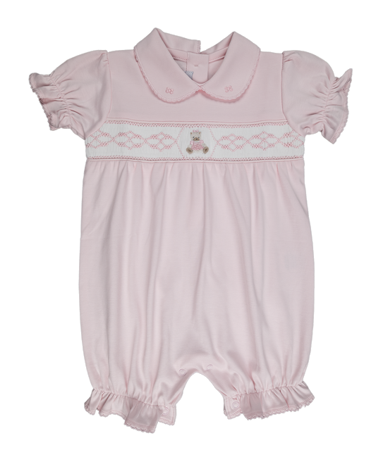 Pink Bear Smocked & Embroidered Pima Cotton Romper