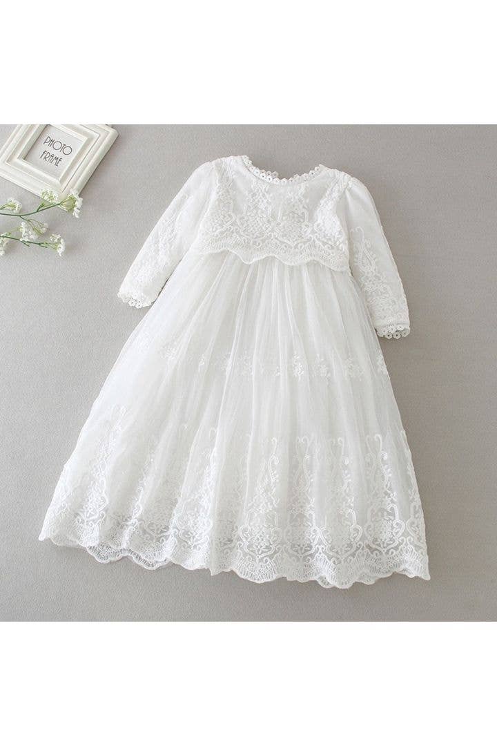 Long Sleeve Lace Embroidery Scalloped Trim Christening Gown