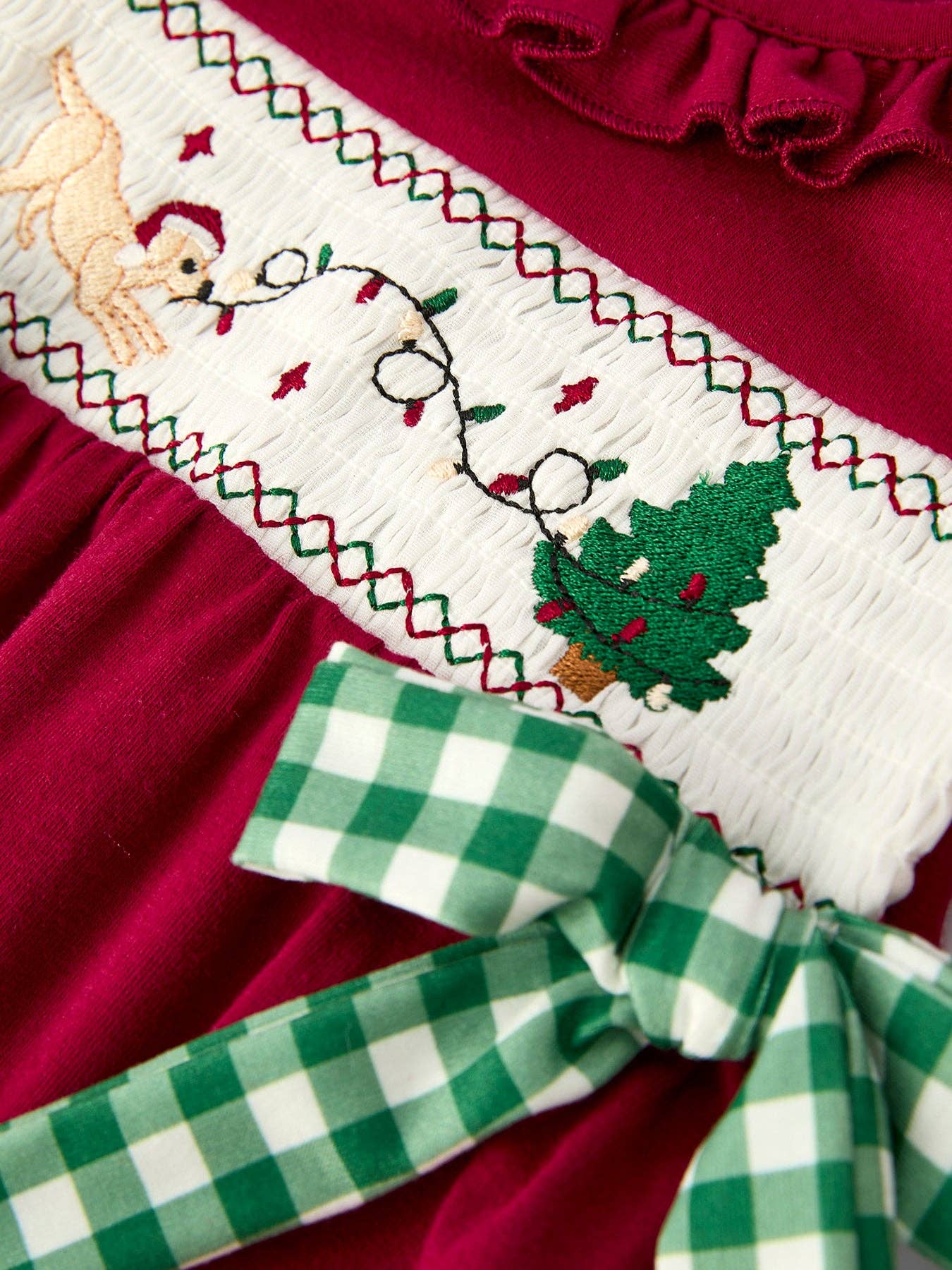 Christmas Embroidered Baby Girls Romper with Green Plaid Bow